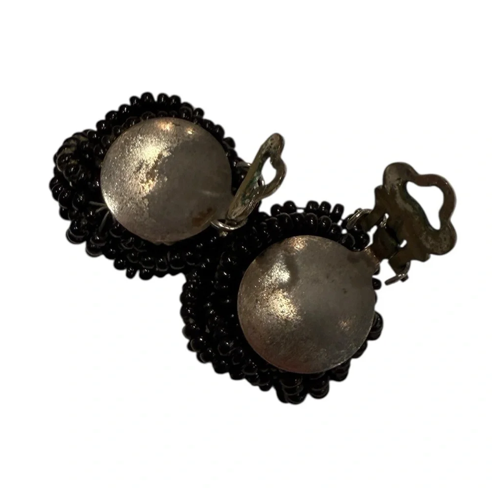 Black Beaded Retro Clip on Earrings Vintage Mid Century Modern